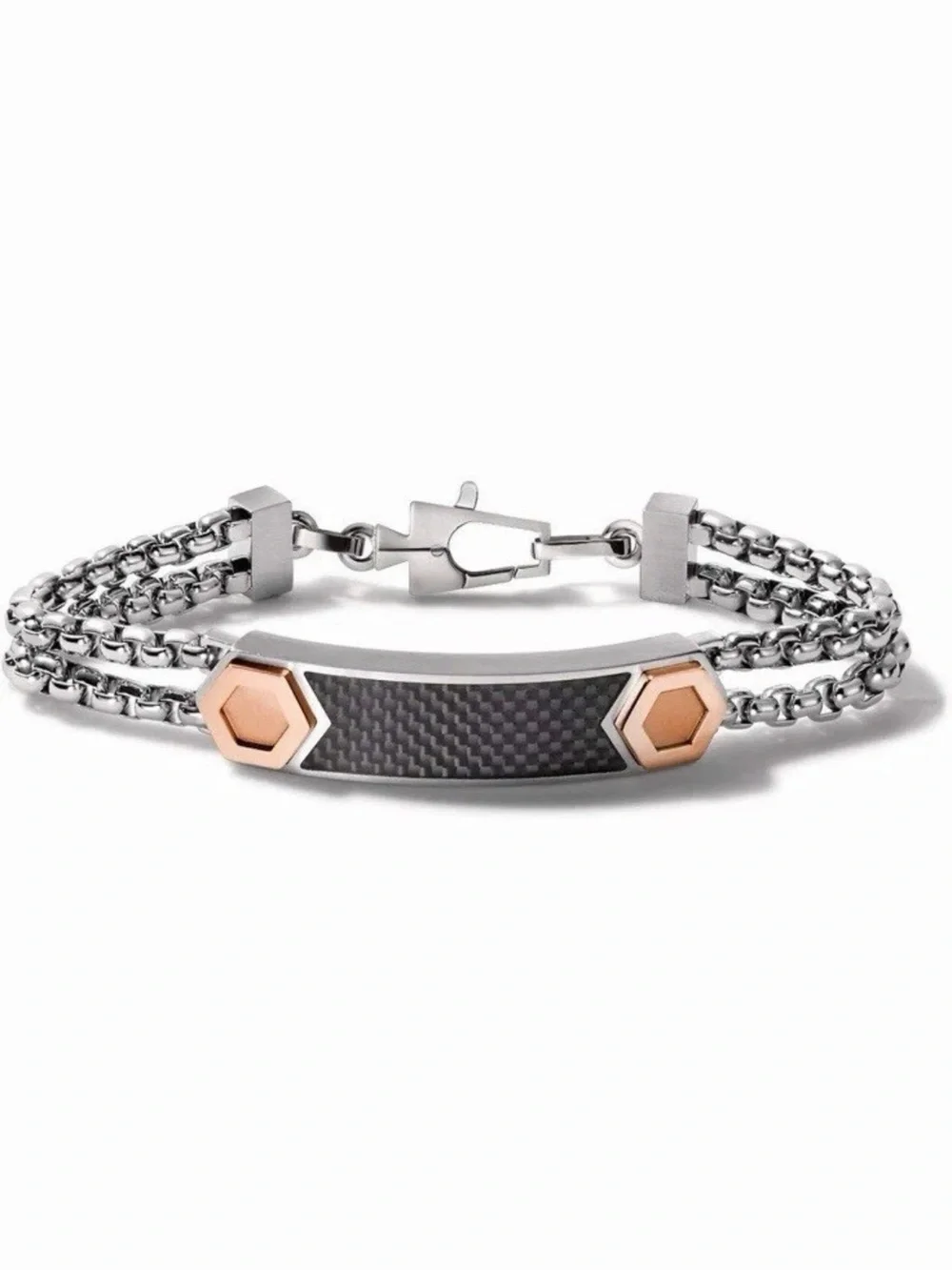 Bulova Silver Bracelet with Rose Gold Accents and Black Carbon Fiber Inlay